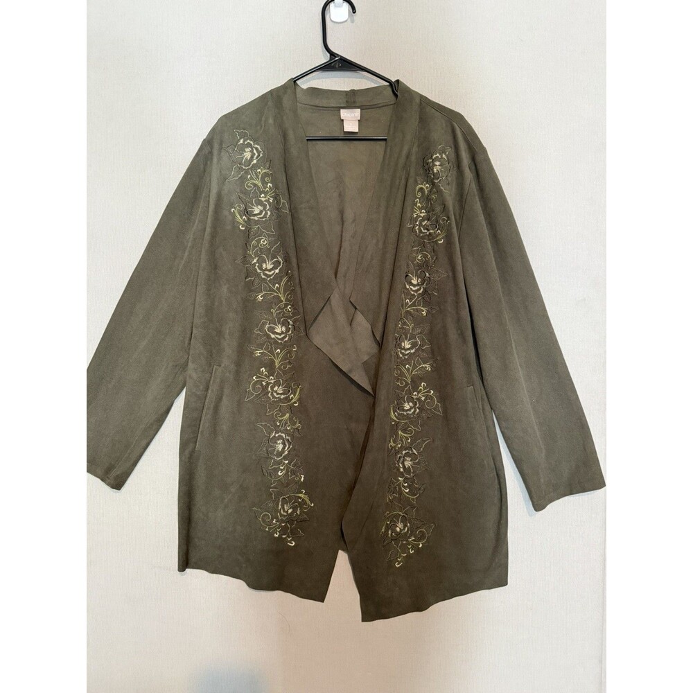 Chico’s Women Cardigan XL 3 Faux Suede Boho Embroidered OliveGreen Open Front